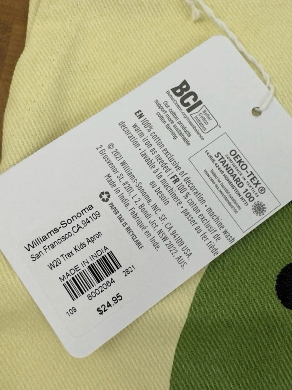 WILLIAM SONOMA NWT Kids T-Rex Dinosaur Graphic Cotton Canvas Apron #0430262